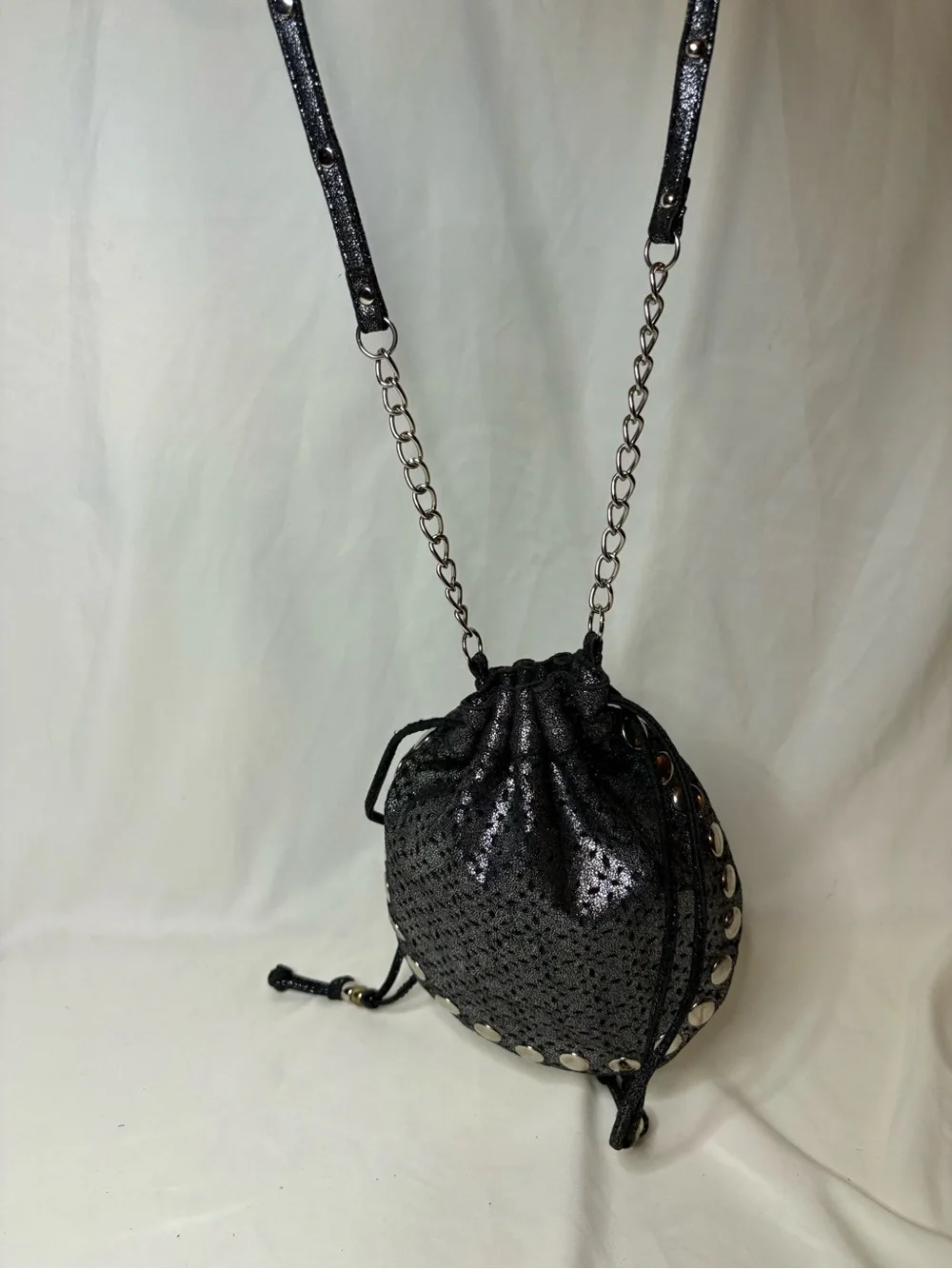 Candies Black and Silver Women's Drawstring Crossbody Bag Long Spaghetti Strap